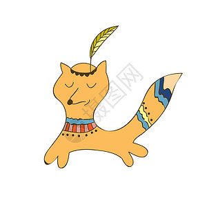 卡通印第安头饰卡通可爱的板状狐狸 头顶有印地安羽毛背景
