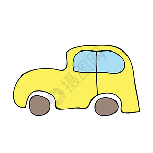 黄色卡通汽车白色背景上孤立的可爱黄色汽车 手绘样式图标背景
