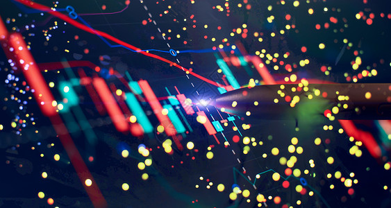 屏幕上的价格图表和笔指示数 蓝屏主题 市场波动 上升趋势与下行趋势的红绿烛台图安全势头贸易体积库存服务商品信号投资外汇背景图片