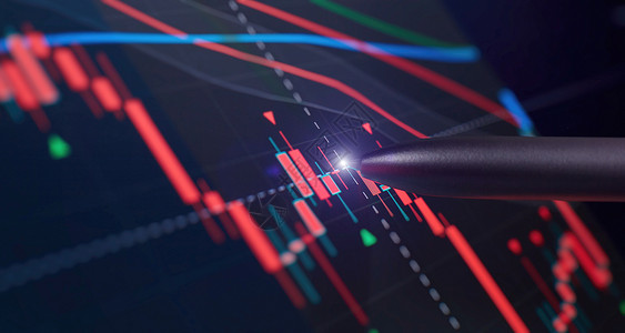 屏幕上的价格图表和笔指示数 蓝屏主题 市场波动 上升趋势与下行趋势的红绿烛台图库存振荡器指标外汇体积木板电脑感觉性服务信号背景图片