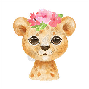幼小衔接海报以卡通风格的花朵绘制非洲幼小野猫的脸 在白色背景中孤立 为孩子们张贴海报和纸牌而画的水颜色甜豹 丛林动物 (笑声)背景