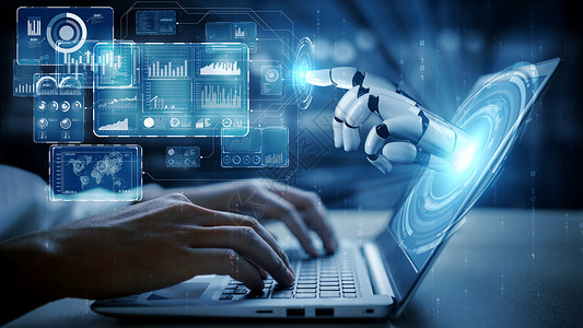 电脑机器人未来的机器人人造智能 启发AI技术概念的人类人工智能科学价格投资市场信息设计商务电子人智力报告背景