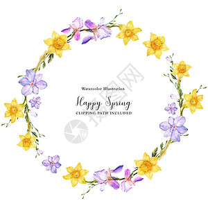 花环卡片装饰水彩花圈和黄花朵花压痛紫色鸢尾花卡片女人水仙花环边界青年艺术品背景