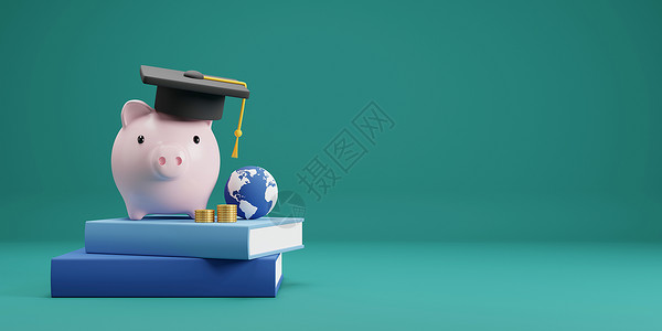 国外银行素材投资教育和奖学金 3D书上挂毕业帽子的猪银行设计投资教育与奖学金概念构想背景