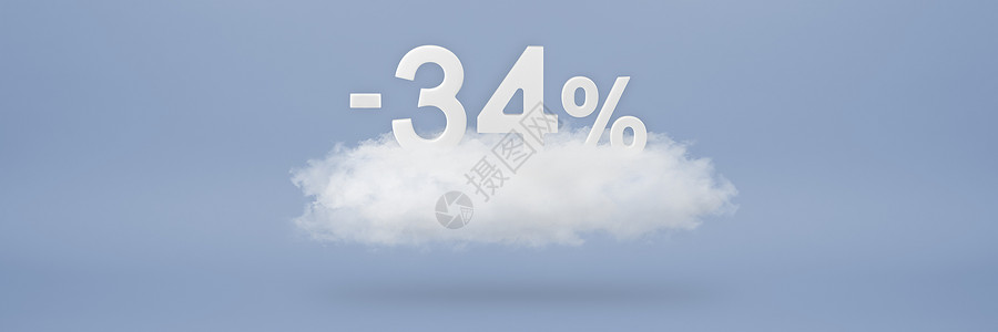店铺吉利标语34%的大折扣 售价高达百分之三十四 三维数字在蓝色背景的云上漂浮 复制空间 广告标语和海报将插入项目中Name ibel背景