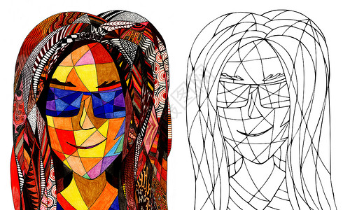 艺术页面分隔线与一个幻想女郎的彩色页面 手绘画 沾染玻璃肖像女士绘画青年女孩流行填色本头发嘴唇女性插图背景