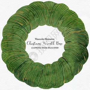 圣诞怒河绿色水彩蓝底环花环毛皮艺术框架圆形花圈边界手绘新年戒指背景图片