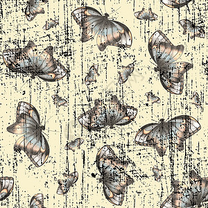 手绘棕子Sepia背景上各种大小的反向蝴蝶 与蝴蝶无缝回溯模式橙子动物群野生动物昆虫荒野生物彩色蜡笔灰色棕色背景