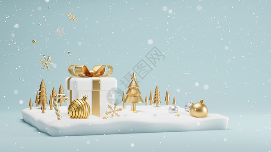 漂浮的金丝带圣诞和新年概念设计礼物盒和Xmas球 冬季3D制成在雪上漂浮的松树渲染丝带横幅手杖雪堆雪花礼物降雪糖果假期背景