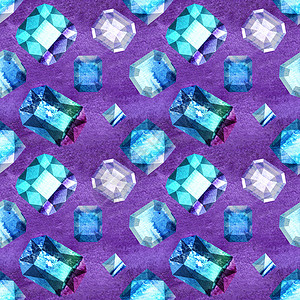 Gem 无缝的金宝石模式蓝色紫色标题宝藏水彩纺织品粉色背景图片