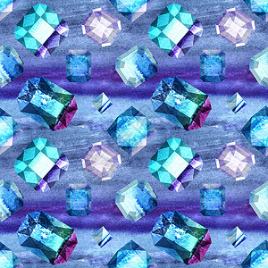 Gem 无缝的金宝石模式水彩宝藏纺织品标题紫色蓝色粉色背景图片