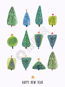 新年快乐 手工抽水彩色贺卡装饰品风格新年插图混帐卡通片装饰卡片植物绘画图片