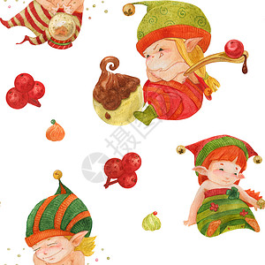 手绘精灵圣诞精灵故事模式 婴儿小精灵 白色的糖和水晶球纺织品插图水彩糖果装饰品手绘问候语卡通片魔法玩具背景