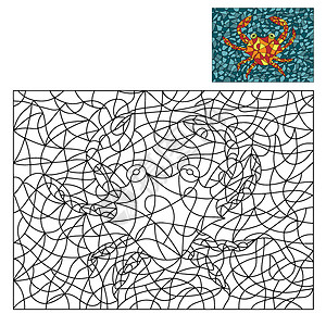 螃蟹形状彩色玻璃风格的黑白和彩色插图与抽象螃蟹 着色书和着色页的图像数字马赛克装饰品尾巴世界绘画黑色染色蜡染水下生活背景