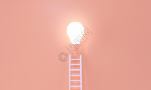 梯子达到一个亮灯泡 代表着一种理想 创造力 发明概念 3D造型背景图片