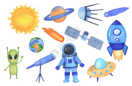 水彩太阳手工绘制的儿童飞船 行星 宇航员和Ufo 供儿童使用的水彩色银河系背景