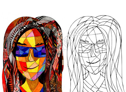 艺术页面分隔线与一个幻想女郎的彩色页面 手绘画 沾染玻璃肖像艺术流行发型铅笔嘴唇女性手绘青年插图填色本背景