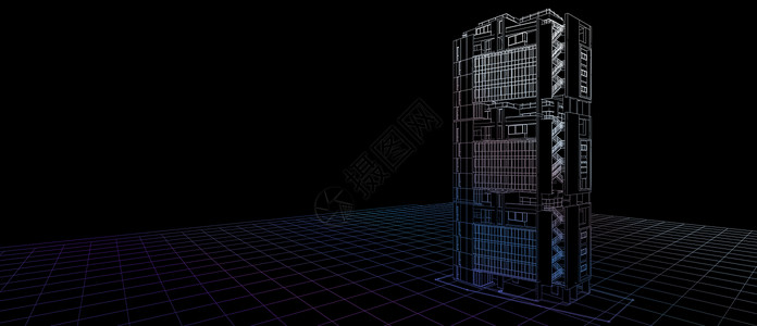 建筑外立面设计理念 3d 建筑透视彩色线框渲染黑色背景 对于抽象背景或壁纸桌面计算机技术设计建筑主题背景图片