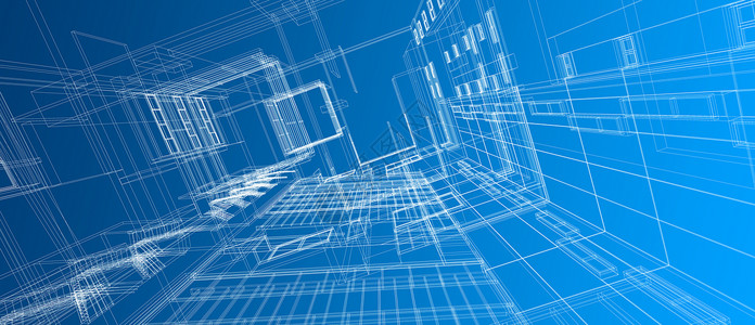 建筑建筑空间设计理念 3d 透视白色线框渲染渐变蓝色背景 对于抽象背景或壁纸桌面计算机技术设计建筑主题插图白线创造力绘画电脑房子背景图片