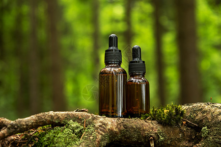 代用品容器位于天然森林背景 a 木材精华素瓶子疗法液体商品卫生生活方式按摩润肤苔藓背景图片