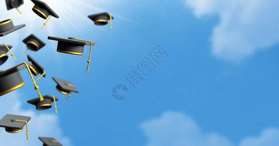 帽子云蓝色天空背景三维3D制成的毕业帽背景