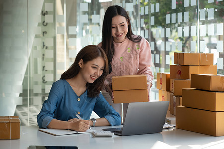 商业数字在线是小型企业目前在线商店的新起点 由两位女店主拥有一个仓库 用来给客户送货 中小企业企业家理念电脑笔记本人士女士女性店背景