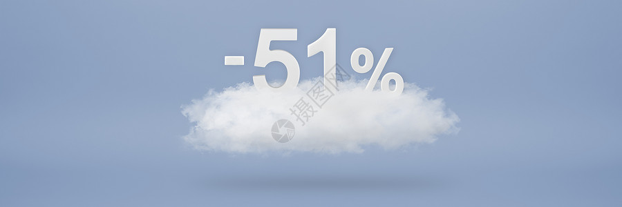 折扣 51% 大折扣 销售额高达百分之五十一 3D 数字漂浮在蓝色背景上的云上 复制空间 插入项目的广告横幅和海报背景图片