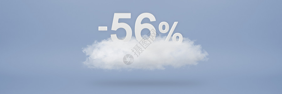 折扣 56% 大折扣 销售额高达百分之五十六 3D 数字漂浮在蓝色背景上的云上 复制空间 插入项目的广告横幅和海报背景