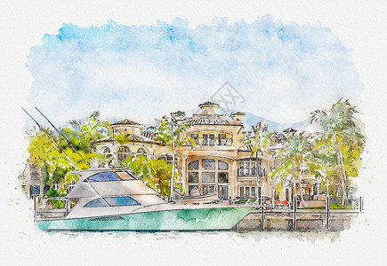 在佛罗里达州劳德代尔堡与游艇的豪华海滨豪宅水彩画插图背景