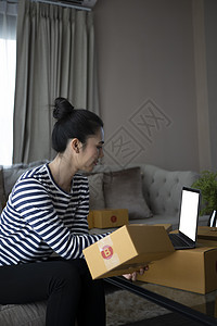 亚裔女性在线卖家使用笔记本电脑检查家中互联网上的订货单背景