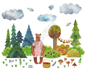 拿花熊夏季森林里有水彩色的熊与一篮子浆果 其背景是洞穴和莓树背景