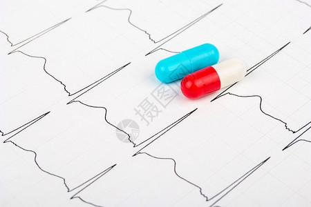心电图和胶囊宏观止痛药蓝色药剂师保健药品椭圆红色抗生素处方图片