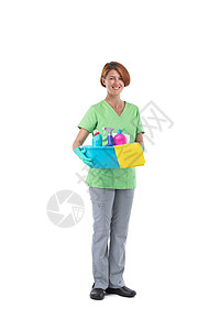 职业更清洁妇女工具洗涤剂微笑工人瓶子身体家务服务家庭手套背景图片