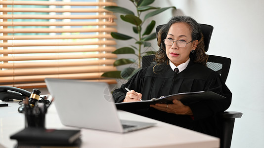 集中的中年女法官或律师与客户交谈 在线提供法律咨询和法律建议图片