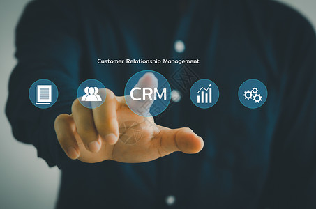 手触摸 CRM 客户关系管理自动化系统软件 虚拟屏幕概念上的业务技术背景