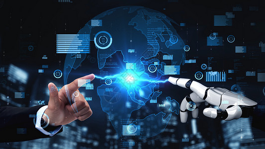 机器人渲染未来的机器人人造智能 启发AI技术概念的人类人工智能库存量子计算智力数据市场商业外汇贸易机器背景