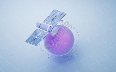 卫星大数据卡通行星球与卫星 3D转换代码数字技术导航全球卡通片信号定位计算紫色背景