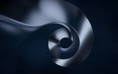 蓝色圆环金属曲线几何背景 3D剖面旋转几何学奢华失真抛光渲染漩涡框架坡度材料背景