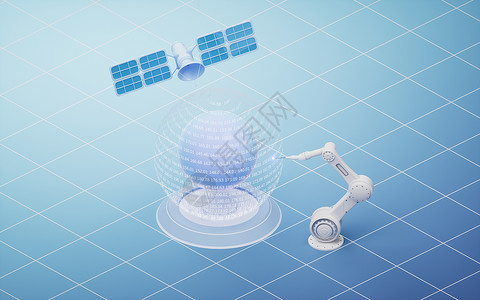 卫星大数据有智能制造概念的机械臂 3D铸造术数字电讯机械智力全球化互联网自动化机器地球制造业背景
