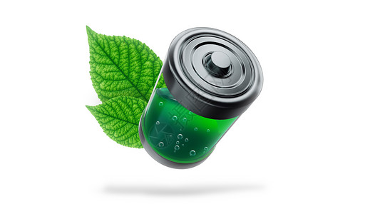 3d 使生态电池充填绿色液体 以白色背景的绿树叶填充力量活力创新技术电量充值回收充电器燃料植物背景图片