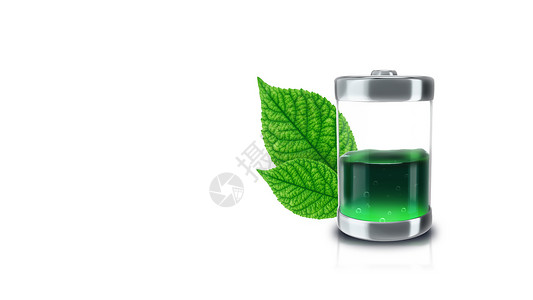 3d 使生态电池充填绿色液体 以白色背景的绿树叶填充累加器力量收费燃料植物创新充电器电量生物活力背景图片