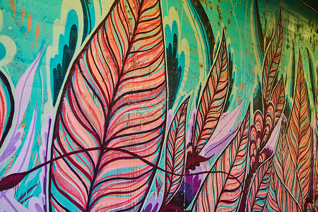 羽毛壁画墙壁覆盖着多彩羽毛涂鸦背景