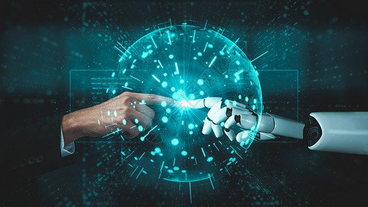 未来的机器人人造智能 启发AI技术概念的人类人工智能虚拟现实编码员智力程序电脑语言互联网安全科学3d背景图片