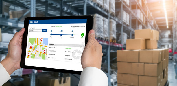 后勤电子商务和现代在线业务的交货跟踪系统药片屏幕笔记本船运桌子供应链商业网络检查包装背景