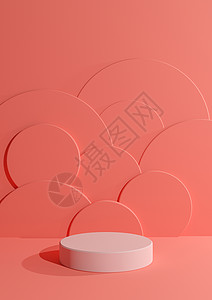 明亮 霓虹 鲑鱼粉色 3D 渲染简单 最小 空白的产品摄影展示 带有一个圆柱形讲台架 背景为圆形气泡 用于化妆品背景图片