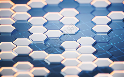 蜂窝图片金属六边形材料背景 3D介质工程性角多边形白色渲染蜂窝技术高科技母板蓝色背景