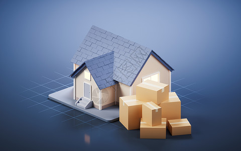3D盒子模型装有房子的包装箱 3D翻接渲染搬迁运输船运物流小屋纸盒别墅包装纸板背景