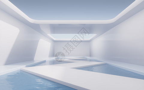 里面有水的空房间 3D翻接化妆品建筑缠绕天空渲染场景阴影日光平台走廊背景图片