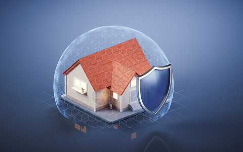 监控房子素材有盾牌的住宅 3D翻接卡通片自动化监控网络别墅投资监护奢华渲染控制背景