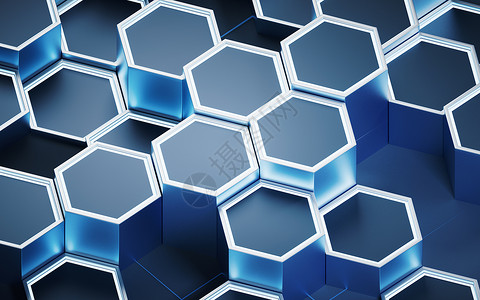 蜂窝铝金属六边形材料背景 3D介质渲染蜂窝工程蓝色性角高科技几何学母板多边形技术背景